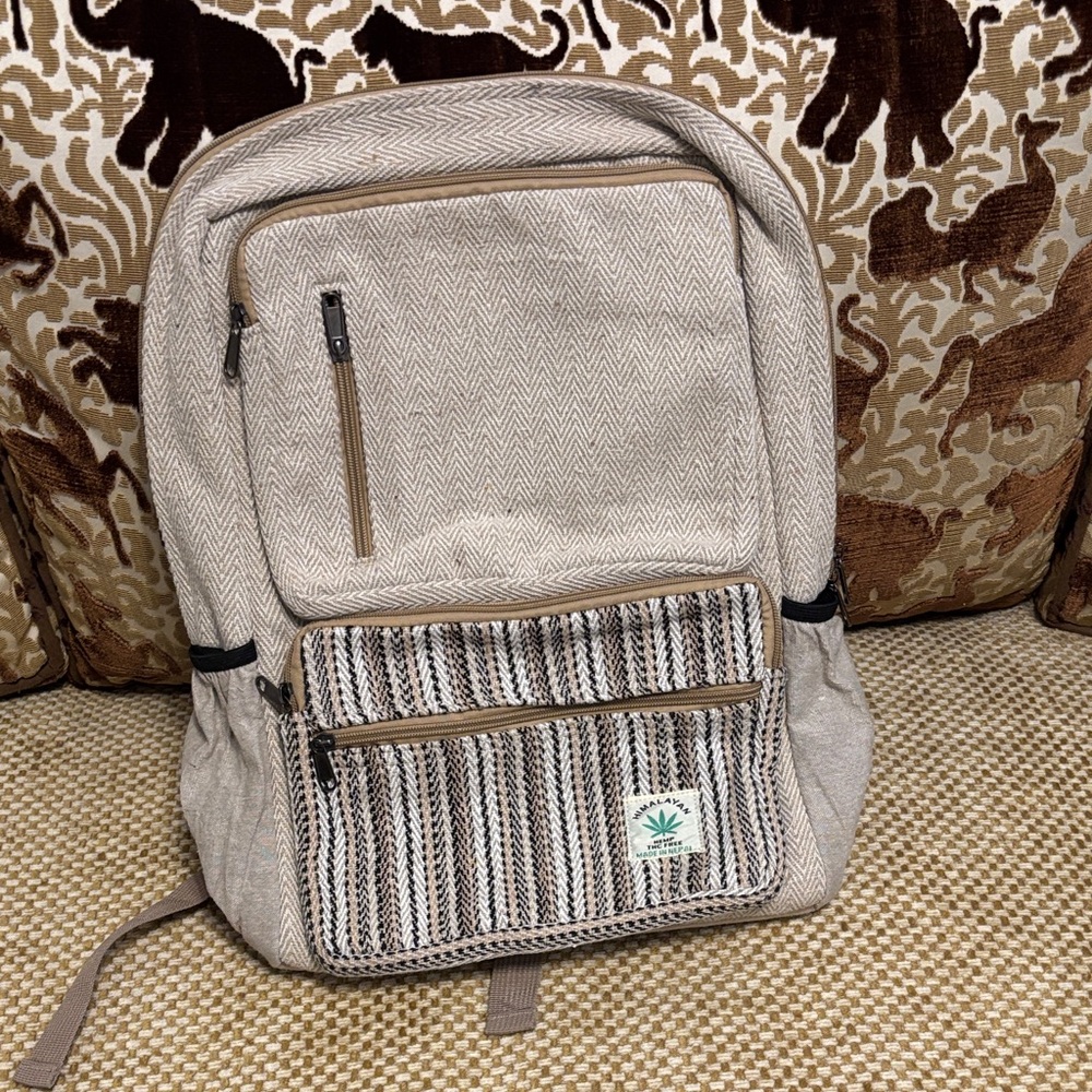 Himalayan Hemp Beige Backpack with Patterned Pocket